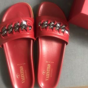 Red Leather Valentino Pool Slides 38.5